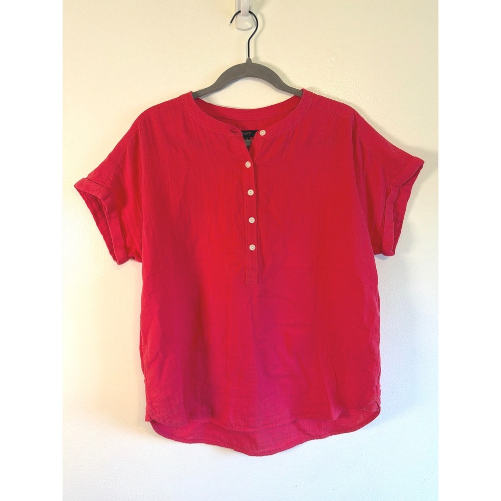 Quince Organic Cotton Gauze Roll Sleeve Shirt Hot Pink Henley Top Small